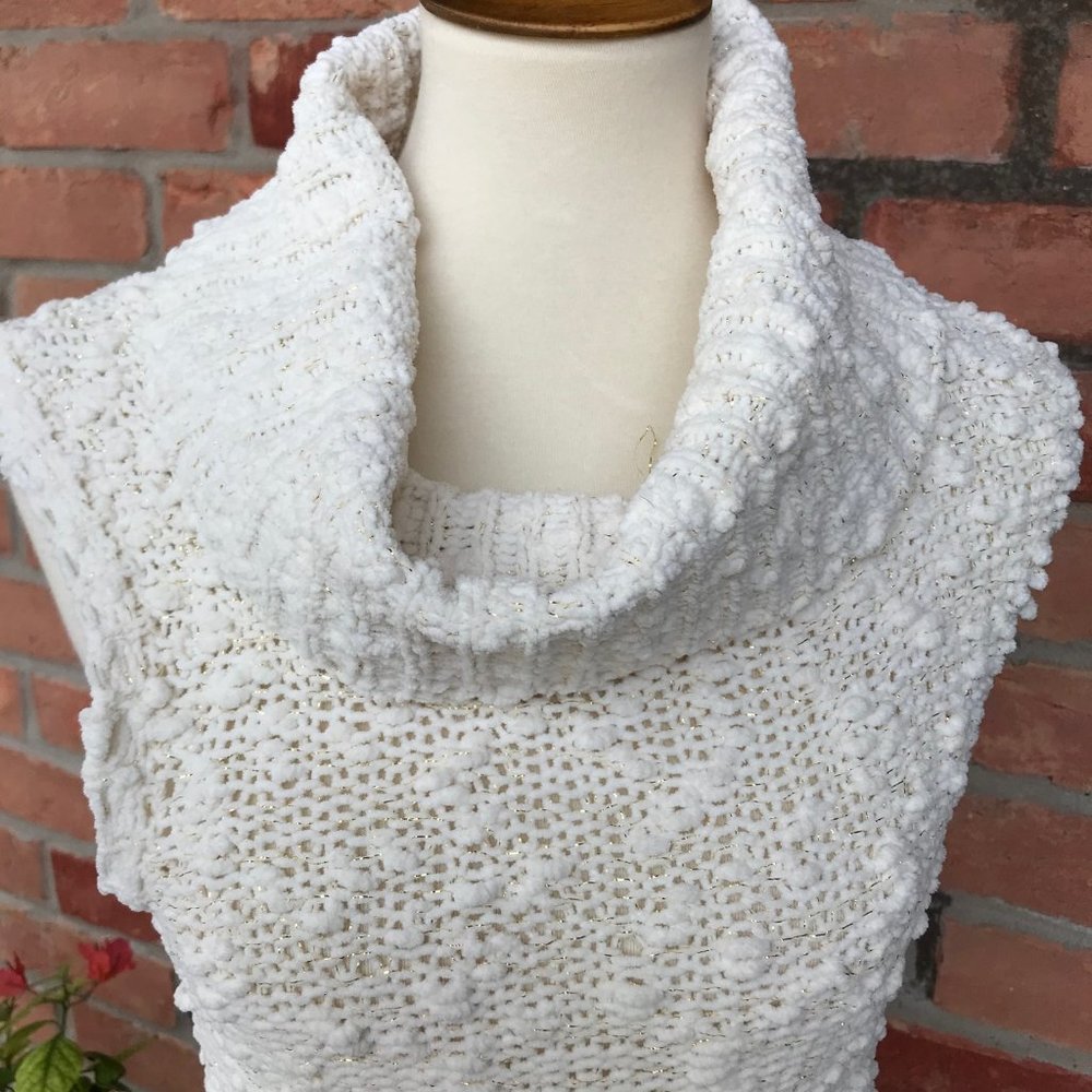 White & Gold Thread Knitted Cowl Neck cute Tunic